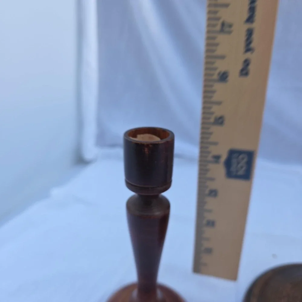 Vtg‎ Wood Candlestick Holders Pair Brown Turned Pedestal Taper Spindle Decor